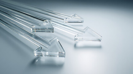 Clear glass arrows pointing down right on smooth grey background  