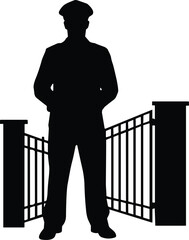 Security guard silhouette, open gate, access control, metal bars, protective stance, entry checkpoint, secure area, gatekeeper, safety, authority, uniformed personnel, vertical bars, restricted zone, 