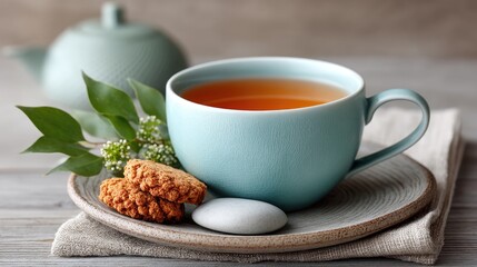 Close up studio photo of a light blue ceramic cup filled with amber tea accompanied by two cookies and green leaves on a textured plate with a blurred teapot in the background