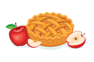Sweet traditional Apple Pie with fresh red apples icon vector. Lattice whole apple pie icon set isolated on a white background. Classic american sweet pie drawing