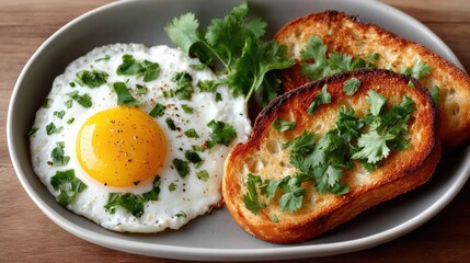 Close-up Top-Down Photo of a Crispy Fried Egg with Fresh Cilantro and Seasoning Beside Two Slices of Golden Brown Toast Garnished with Herbs on a Gray Plate with a Wooden Table Background