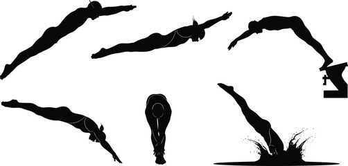 Diving sequence, silhouette diver, sports motion, athletic form, water entry, jump technique, platform dive, splash impact, streamlined posture, precision, control, competitive dive, black figure, 