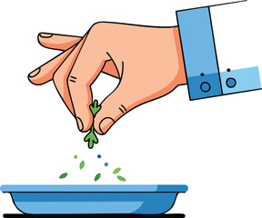 Hand Garnishing Food With Herbs Over Blue Bowl Simple Cartoon Style