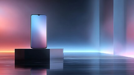 Futuristic modern smartphone on glossy reflective podium in lower left with smooth gradient tech background on top right, bright clean lighting for product branding and digital advertising concepts