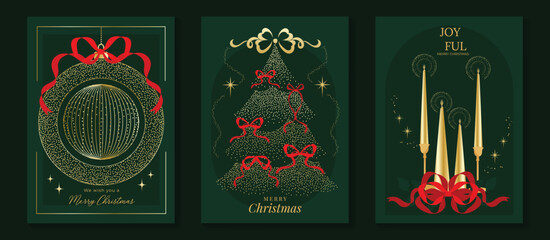 Elegant Christmas greeting card vector pack with tree, baubles, golden candles and festive design, great for luxury greeting cards, holiday posters and gift tags