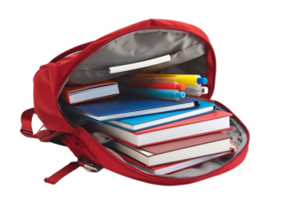 Red backpack, filled with colorful books and pens, cutout, PNG isolated on white or transparent background school supplies