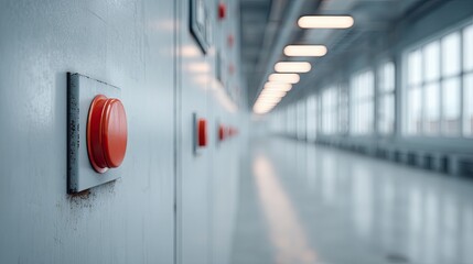 Close Up View Of Red Emergency Buttons On A Control Panel In A Factory Corridor With Industrial Lighting