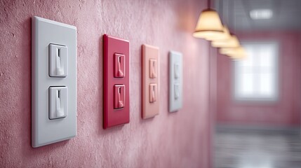 Close Up View Of Multiple Colorful Electrical Light Switches Mounted On A Textured Pink Wall With Soft Overhead Lighting And A Window In The Blurred Background