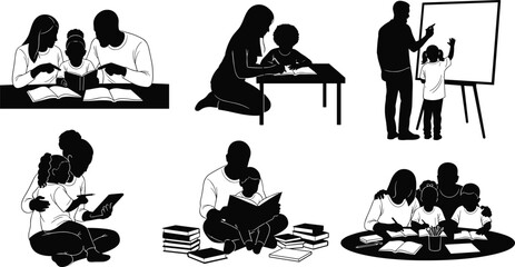 Family learning, child education, homework help, reading time, teaching moment, adult guidance, study session, parenting support, school preparation, teamwork, literacy, classroom, tutoring, 