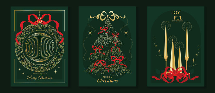 Elegant Christmas greeting card vector pack with tree, baubles, golden candles and festive design, great for luxury greeting cards, holiday posters and gift tags