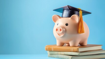 Piggy bank with graduation cap on books representing education savings