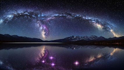Night Wilderness: Snow-capped Mountains, Star-filled Sky and Quiet Lake