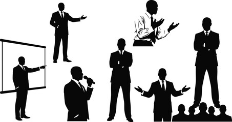 Businessman silhouette, leadership concept, public speaking, teamwork, presentation skills, corporate success, motivational speaker, authority figure, business strategy, communication skills