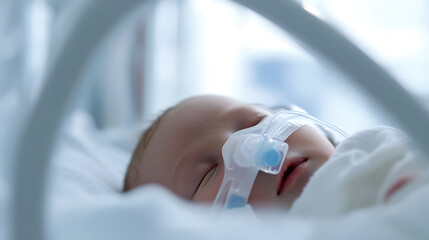 A sleeping baby with a medical mask on their face, lying in a white bed in a bright room. Gentle light fills the image, casting soft shadows, emphasizing the peace of the moment.