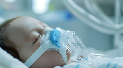 Fototapeta premium Close-up of a baby peacefully asleep with a ventilator mask, receiving gentle medical care in a bright, sterile hospital setting. Support and hope for the newborn's health.