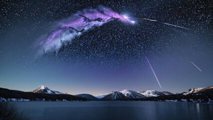 Night Wilderness: Snow-capped Mountains, Star-filled Sky and Quiet Lake