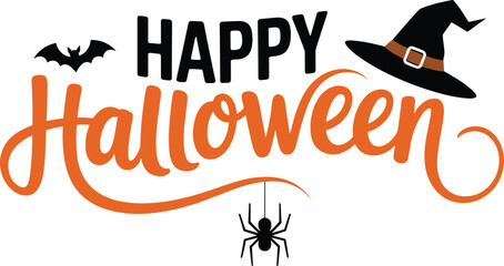 Happy, Halloween, festive, graphic, spooky, bat, witch, hat, spider, orange, black, celebration, October, holiday, decoration, seasonal, typography, creepy, fun, greeting
