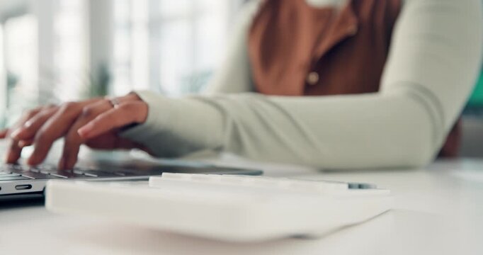 Typing, laptop and hands of person with calculator for accountant, math and online report. Tech, office and employee with balance for budget, proposal or administration with project management - Powered by Adobe