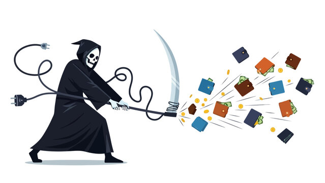 Grim Reaper using scythe to fling wallets and coins