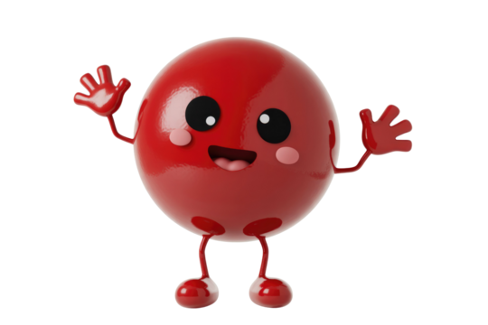 A cheerful red 3D cartoon sphere character with a happy face, small arms, and legs, enthusiastically waving with both hands. Cute and playful. background removed