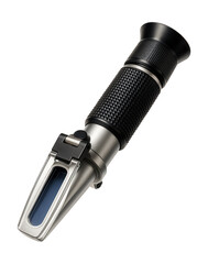 Handheld refractometer with a rubber grip for measuring sugar content in food labs.