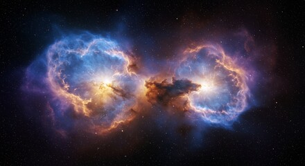 Obraz premium Two nebula lobes glow blue and orange connected in space amid countless stars