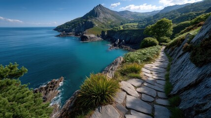 Coastal Path Winding Through Rocky Landscape Under Bright Daylight With Deep Blue Ocean And Greenery