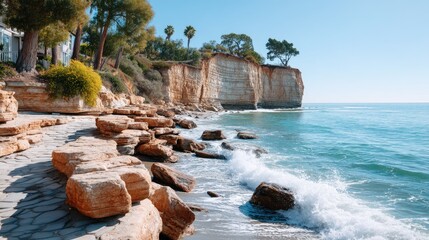 Coastal Rocky Beach with Dramatic Cliffs and Turquoise Water Under a Clear Blue Sky