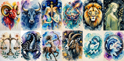Vibrant watercolor collage of the twelve zodiac signs, painted in dreamy celestial hues with stars, constellations, and mystical symbols. For astrology posters, horoscopes, calendars, tarot.