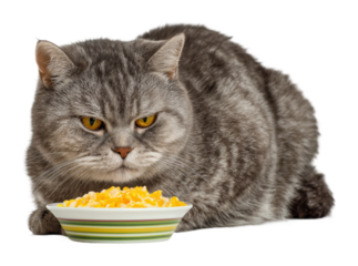 Cat watching cheese bowl pet focused view isolated on transparent background