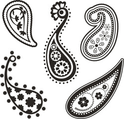Vector oriental henna paisley ornamental set. Floral traditional ethnic folk motifs in Eastern, Arabic, Indian style for wallpaper, background, decor, textile, damask, blanket, clothing designs.