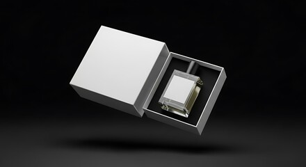 Open white gift box revealing a clear square crystal award or decorative object on a dark background.