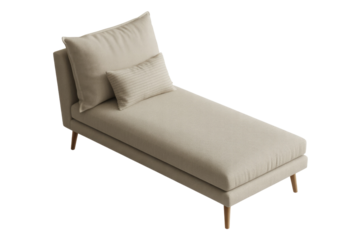 Minimalist beige fabric chaise lounge with a large back cushion and a striped lumbar pillow, supported by slender wooden legs. background removed