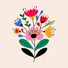 Colorful Folk Floral Bouquet  Modern Flat Illustration on Cream Background