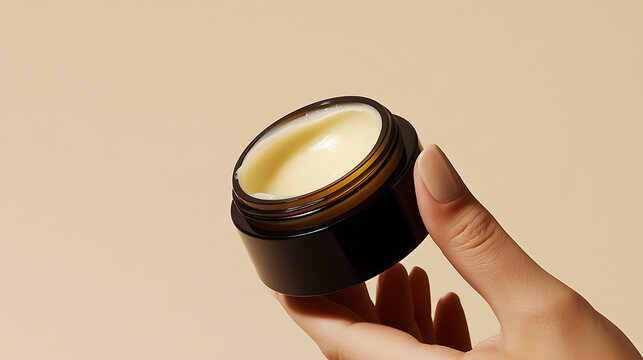 Hand holds a jar of balm against a soft beige backdrop. The dark jar contrasts with the creamy texture of the moisturizer, highlighting its natural feel and luxurious experience.