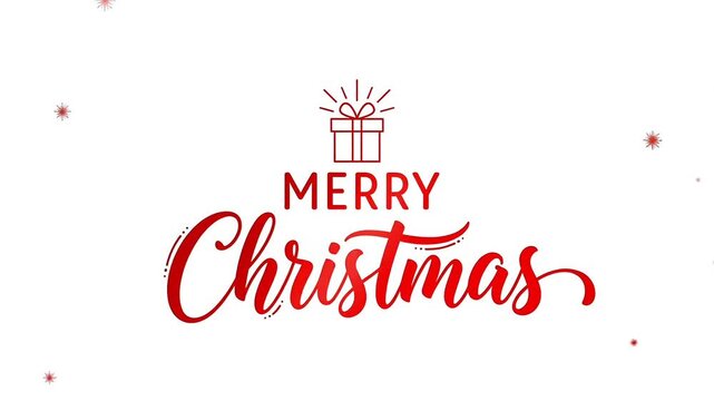 Merry Christmas red script calligraphy text surrounded by abstract starburst shapes and gift box icon isolated on a clean white background creating a simple graphic element and greeting card design 