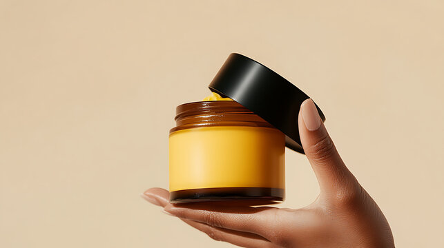 Luxurious moisturizing cream in an amber jar with a sleek black lid, held gently in a hand. A perfect addition to your skincare routine for radiant, healthy-looking skin. - Powered by Adobe