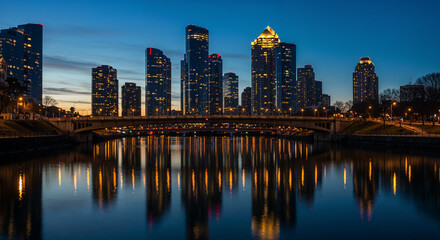 Obraz premium Glowing city skyline reflected on river at dusk with cinematic tones. 