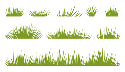 Set of flat green grass silhouette isolated on white background. Vector illustration. 