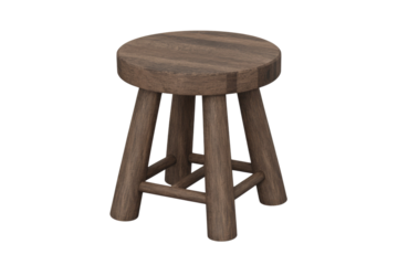 A rustic wooden stool with a round seat and four sturdy legs, presented on a transparent background. background removed