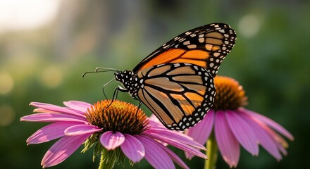 Fototapeta premium Monarch butterfly rests on a vibrant pink coneflower in soft sunlight