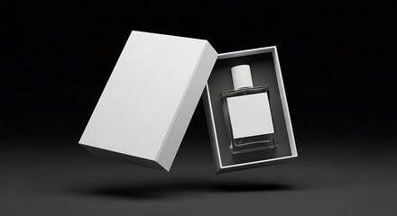 A minimalist shot of an open white perfume box revealing a sleek dark bottle with a white label, floating against a black background.