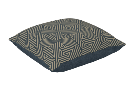 A stylish square throw pillow with a geometric pattern of dark blue and beige lines, ideal for modern home decor. background removed