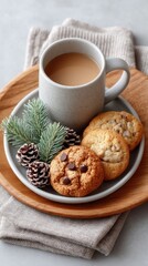 Cozy Christmas Flat Lay Featuring Chocolate Chip Cookies Warm Coffee Mug Pinecones And Fir Branches On A Rustic Tray With Sparkly Napkin And Knitted Fabric