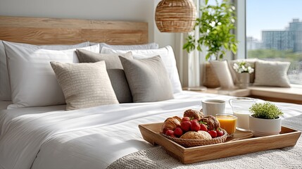 Cozy Hotel Room Bed With Breakfast Tray Filled With Fresh Berries Pastries Coffee And Orange Juice Lit By Natural Sunlight Through Window