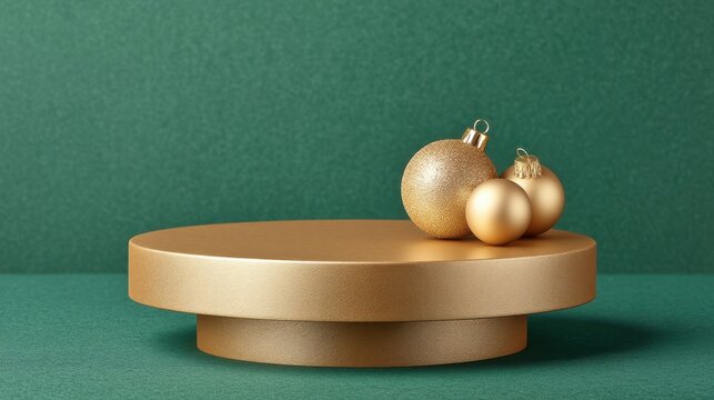 Elegant Golden Podium for Holiday Display with Glimmering Decorations and Christmas Ornaments Against a Festive Green Background