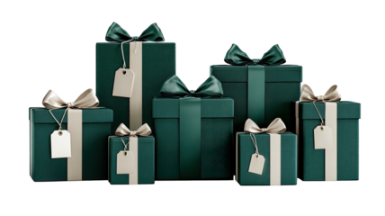 Emerald presents, tied with ribbons, on transparent background