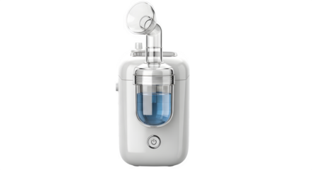 White medical nebulizer features smooth surfaces and clean lighting. Useful for product photography, healthcare ads, and medical technology demonstrations.