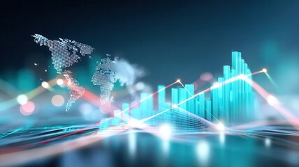Global business data analytics showing financial market growth with illuminating and map background lines world