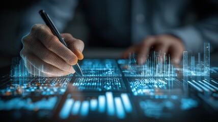 Person interacting with digital data interface, analyzing futuristic business graphs financial charts